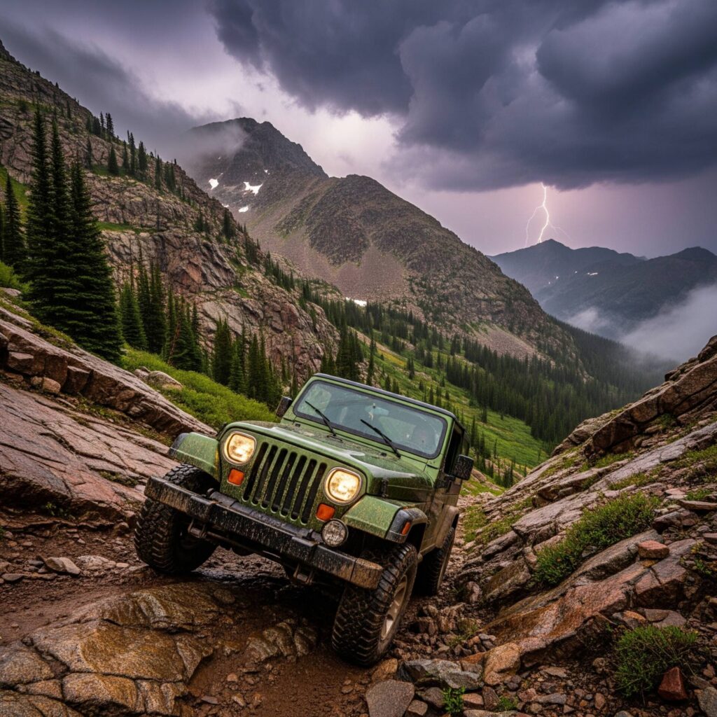 Green Jeep driving through a rugged Colorado mountain pass during a storm in the San Juan Mountains with dramatic clouds and lightning in the background.