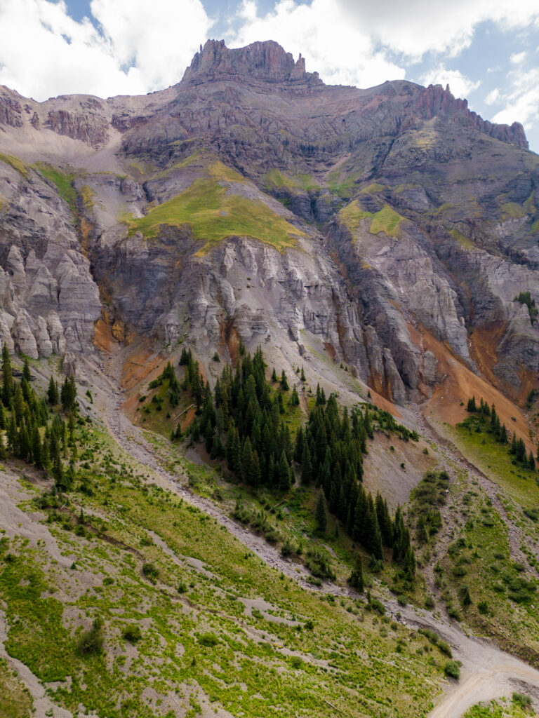 Towering cliffs and rugged alpine scenery overlooking Yankee Boy Basin near Ouray, Colorado, one of the state's most scenic mountain destinations.